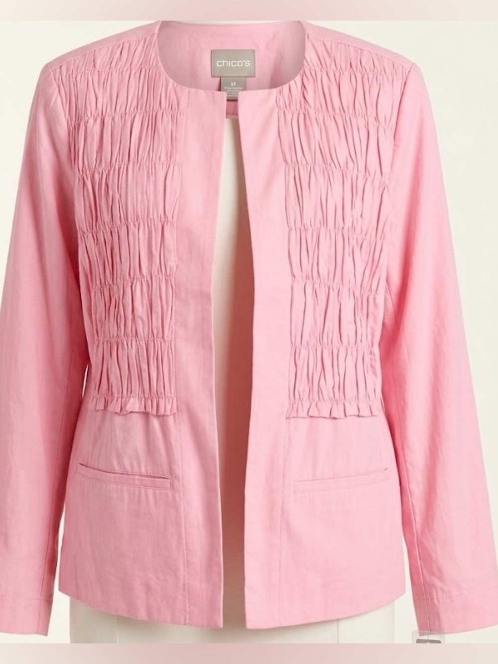 Chico’s Pink Ruched Front Rachel Jacket Sz 2 Solid Wink Pink Professional Spring
